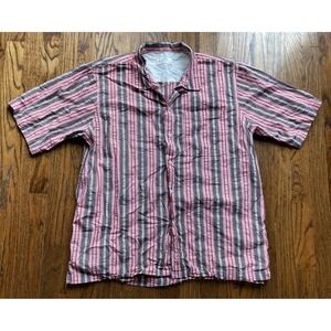 Universal Works Camp Shirt Mens Large Red Striped Button Up Loop Collar Cotton